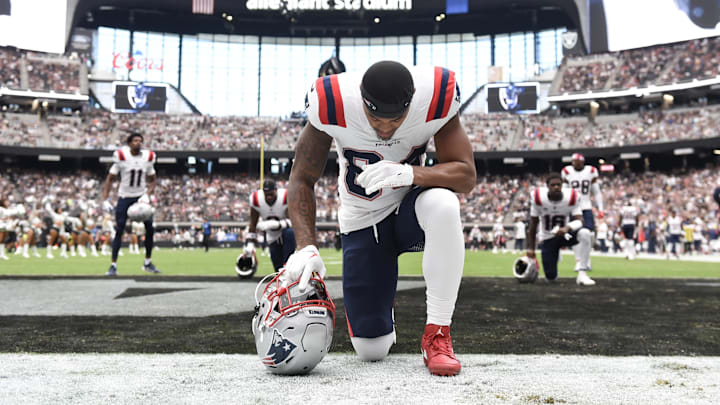 Oct 15, 2023; Paradise, Nevada, USA; New England Patriots wide receiver Kendrick Bourne (84) takes a moment before the game against the Las Vegas Raiders at Allegiant Stadium.
