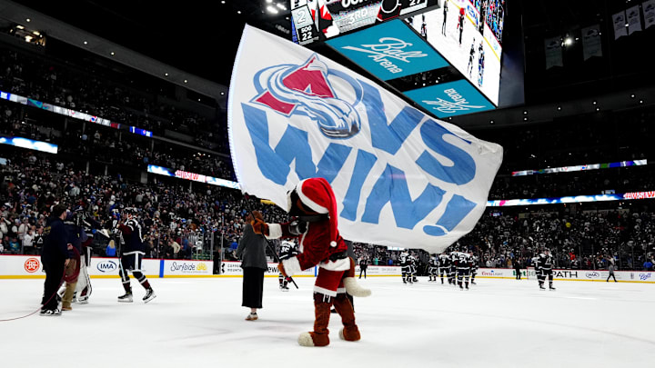 Dec 19, 2025; Denver, Colorado, USA; Colorado Avalanche mascot Bernie celebrates the win over the Winnipeg Jets at Ball Arena. Mandatory Credit: Ron Chenoy-Imagn Images