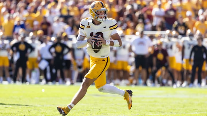 Oct 18, 2025; Tempe, Arizona, USA; Arizona State Sun Devils quarterback Sam Leavitt (10) against the Texas Tech Red Raiders at Mountain America Stadium. Mandatory Credit: Mark J. Rebilas-Imagn Images