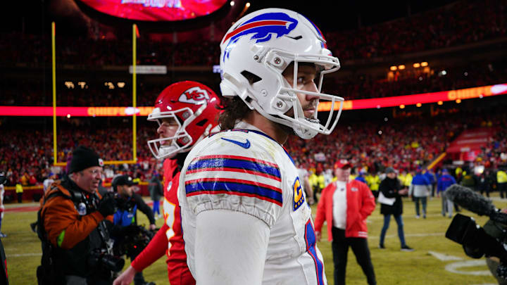 Jan 26, 2025; Kansas City, MO, USA; Buffalo Bills quarterback Josh Allen (17) reacts after the AFC Championship game against the Kansas City Chiefs at GEHA Field at Arrowhead Stadium. 