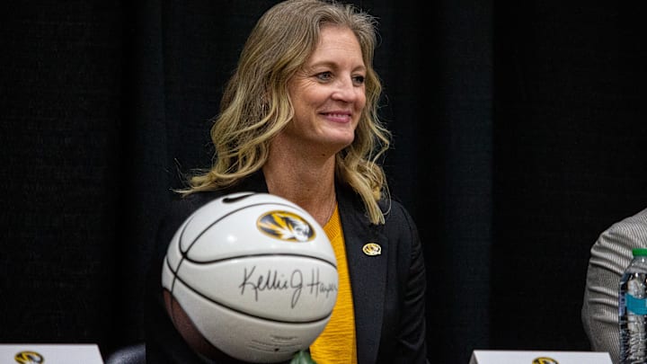 March 31, 2025; Columbia, Missouri, USA; Missouri Tigers women's basketball head coach Kellie Harper at her introductory press conference in the Mizzou Arena Practice Gym. March 31, 2025; Columbia, Missouri, USA; Missouri Tigers women's basketball head coach Kellie Harper at her introductory press conference in the Mizzou Arena Practice Gym.
