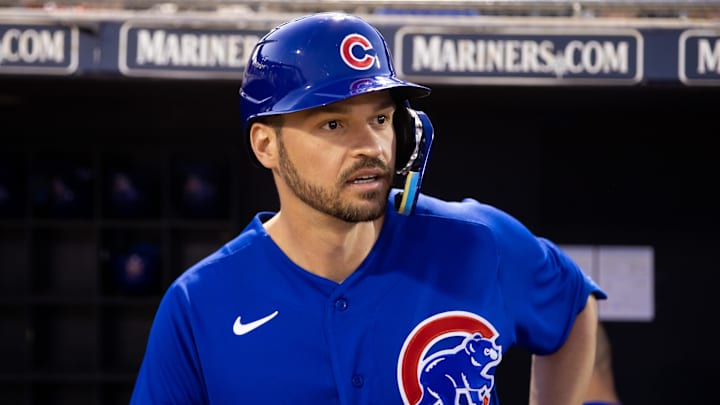 Mar 3, 2023; Peoria, Arizona, USA; Chicago Cubs designated hitter Trey Mancini against the San Diego Padres.