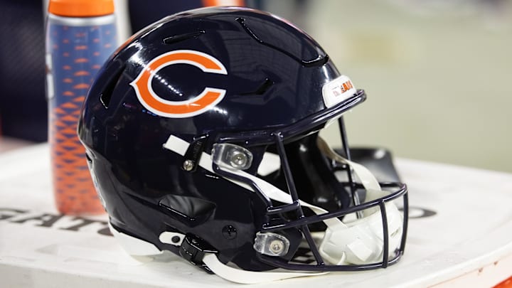 Nov 3, 2024; Glendale, Arizona, USA; Detailed view of a Chicago Bears helmet at State Farm Stadium.