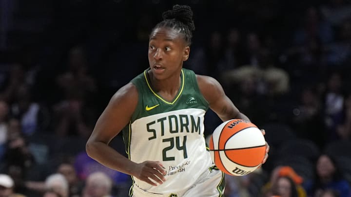 Sep 11, 2024; Los Angeles, California, USA; Seattle Storm guard Jewell Loyd (24) dribbles the ball against the LA Sparks in the second half at Crypto.com Arena. Mandatory Credit: Kirby Lee-Imagn Images