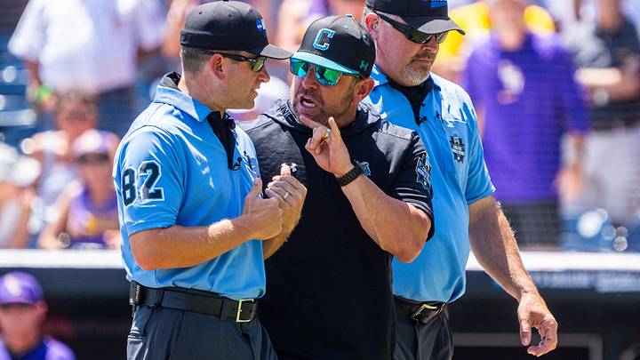 Jun 22, 2025; Omaha, Neb, USA; Coastal Carolina Chanticleers head coach Kevin Schnall reacts after being ejected during the first inning against the LSU Tigers at Charles Schwab Field. Mandatory Credit: Dylan Widger-Imagn Images Jun 22, 2025; Omaha, Neb, USA; Coastal Carolina Chanticleers head coach Kevin Schnall reacts after being ejected during the first inning against the LSU Tigers at Charles Schwab Field. Mandatory Credit: Dylan Widger-Imagn Images
