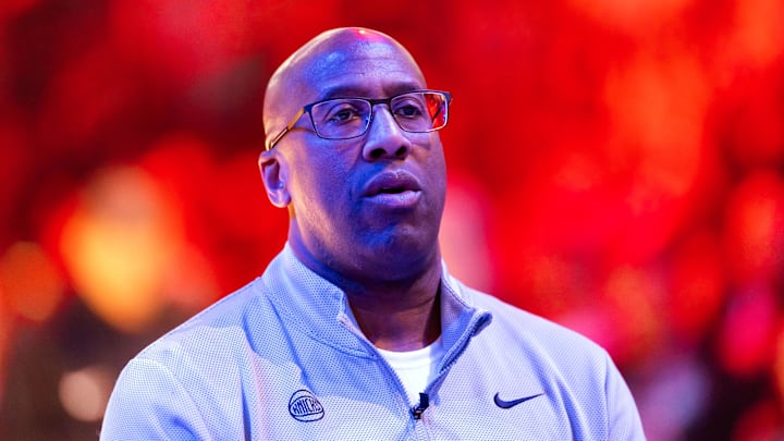 Jan 9, 2026; Phoenix, Arizona, USA; New York Knicks head coach Mike Brown against the Phoenix Suns at Mortgage Matchup Center. Mandatory Credit: Mark J. Rebilas-Imagn Images