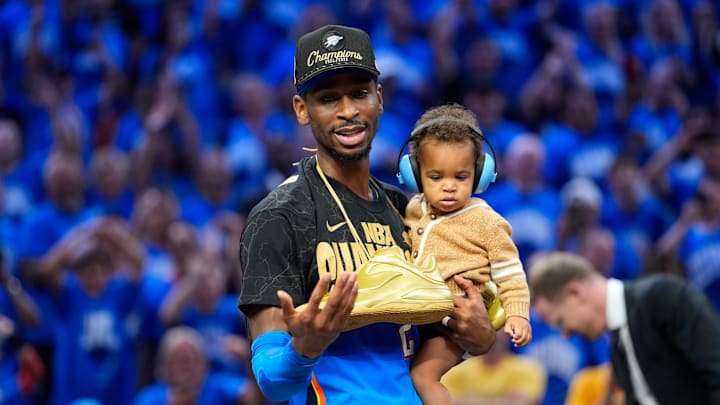 Jun 22, 2025; Oklahoma City, Oklahoma, USA; Oklahoma City Thunder guard Shai Gilgeous-Alexander (2) after winning game seven of the 2025 NBA Finals against the Indiana Pacers at Paycom Center. Mandatory Credit: Kyle Terada-Imagn Images