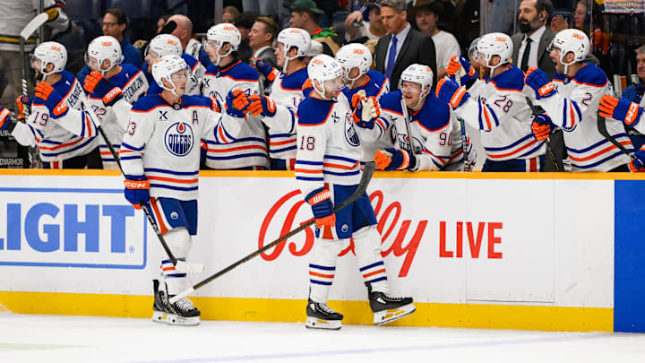 Edmonton Oilers left wing Zach Hyman (18) celebrates his goal