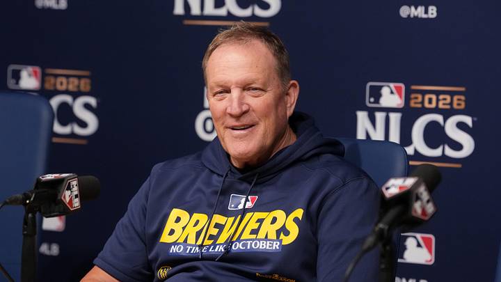 Oct 14, 2026; Los Angeles, California, USA; Milwaukee Brewers manager Pat Murphy at press conference prior to game three of the NLCS for the 2026 MLB Playoffs at Uniqlo Field at Dodger Stadium. Mandatory Credit: Kirby Lee-Imagn Images Oct 14, 2026; Los Angeles, California, USA; Milwaukee Brewers manager Pat Murphy at press conference prior to game three of the NLCS for the 2026 MLB Playoffs at Uniqlo Field at Dodger Stadium. Mandatory Credit: Kirby Lee-Imagn Images