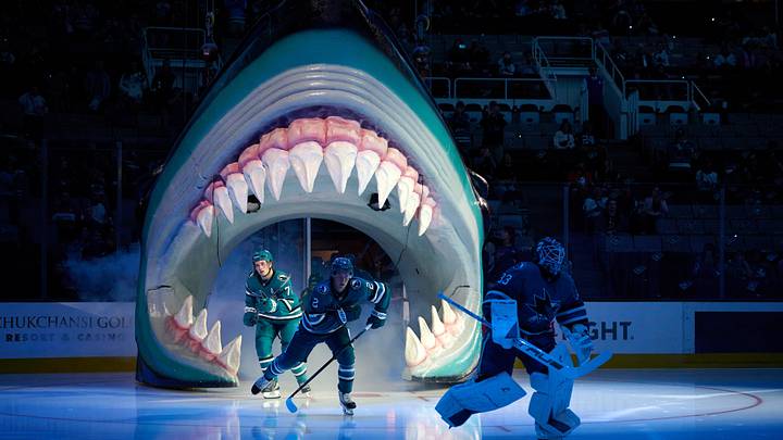 Sep 24, 2026; San Jose, California, USA; San Jose Sharks goaltender Alex Nedeljkovic (33), center Will Smith (2) and center Macklin Celebrini (71) skate onto the ice before a game against the Anaheim Ducks at SAP Center at San Jose. Mandatory Credit: Robert Edwards-Imagn Images