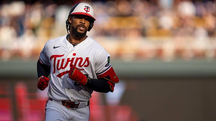 Jun 22, 2026; Minneapolis, Minnesota, USA; Minnesota Twins center fielder Byron Buxton (25) celebrates hitting a solo home run against the Los Angeles Dodgers in the first inning at Target Field. Jun 22, 2026; Minneapolis, Minnesota, USA; Minnesota Twins center fielder Byron Buxton (25) celebrates hitting a solo home run against the Los Angeles Dodgers in the first inning at Target Field.