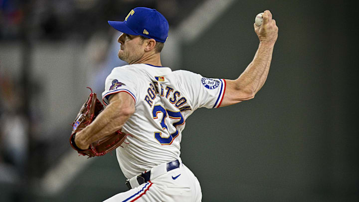 Apr 10, 2024; Arlington, Texas, USA; Texas Rangers relief pitcher David Robertson (37) pitches against the Oakland Athletics during the eighth inning at Globe Life Field. Apr 10, 2024; Arlington, Texas, USA; Texas Rangers relief pitcher David Robertson (37) pitches against the Oakland Athletics during the eighth inning at Globe Life Field.