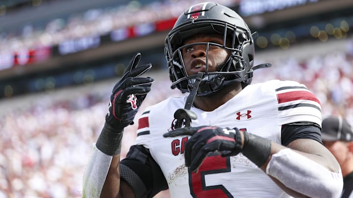 Oct 19, 2024; Norman, Oklahoma, USA; South Carolina Gamecocks running back Raheim Sanders (5) reacts after scoring a touchdown during the first half against the Oklahoma Sooners at Gaylord Family-Oklahoma Memorial Stadium. Mandatory Credit: Kevin Jairaj-Imagn Images Oct 19, 2024; Norman, Oklahoma, USA; South Carolina Gamecocks running back Raheim Sanders (5) reacts after scoring a touchdown during the first half against the Oklahoma Sooners at Gaylord Family-Oklahoma Memorial Stadium. Mandatory Credit: Kevin Jairaj-Imagn Images