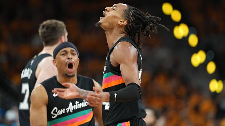 Apr 19, 2026; San Antonio, Texas, USA; San Antonio Spurs guard Devin Vassell (24) reacts after scoring a three-point basket during the second half of game one of the first round of the 2026 NBA Playoffs against the Portland Trail Blazers at Frost Bank Center. Mandatory Credit: Scott Wachter-Imagn Images Apr 19, 2026; San Antonio, Texas, USA; San Antonio Spurs guard Devin Vassell (24) reacts after scoring a three-point basket during the second half of game one of the first round of the 2026 NBA Playoffs against the Portland Trail Blazers at Frost Bank Center. Mandatory Credit: Scott Wachter-Imagn Images