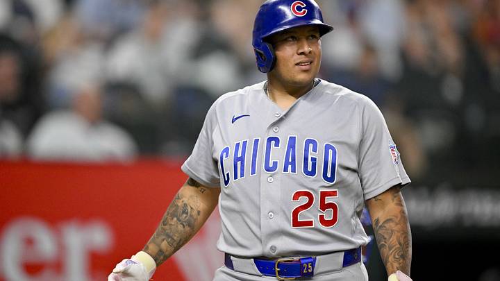 May 9, 2026; Arlington, Texas, USA; Chicago Cubs catcher Moises Ballesteros (25) bats against the Texas Rangers during the game at Globe Life Field. Mandatory Credit: Jerome Miron-Imagn Images