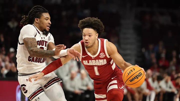 Alabama guard Mark Sears (1) dribbles the ball against South Carolina at Colonial Life Arena in Columbus, SC on Wednesday, Jan 8, 2025.