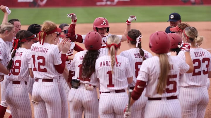 Alabama Softball Player Brooke Ellestad (0) celebrates home run against Mizzou at Rhoads Stadium in Tuscaloosa, AL on Sunday, Apr 27, 2025