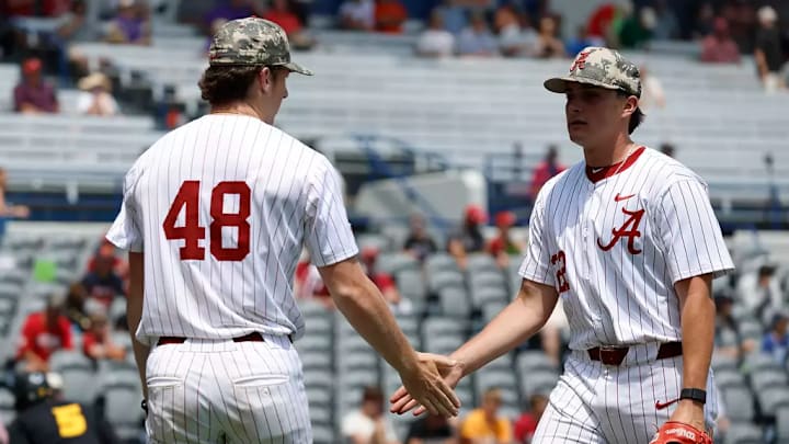 Alabama pitchers Bobby Alcock (left) and Braylon Myers. Alabama pitchers Bobby Alcock (left) and Braylon Myers.