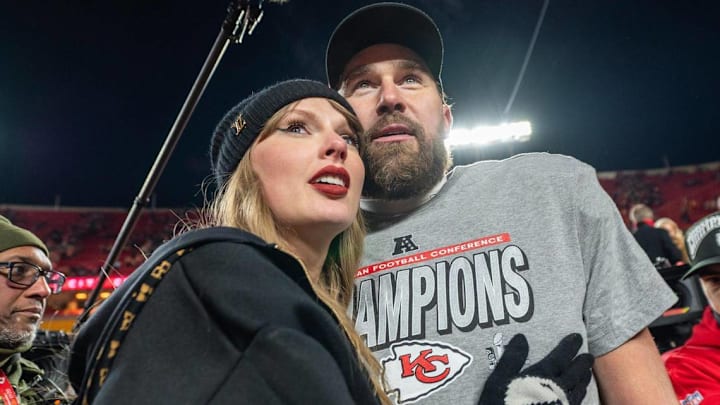 Kansas City Chiefs tight end Travis Kelce with Taylor Swift after last January’s AFC Championship win.