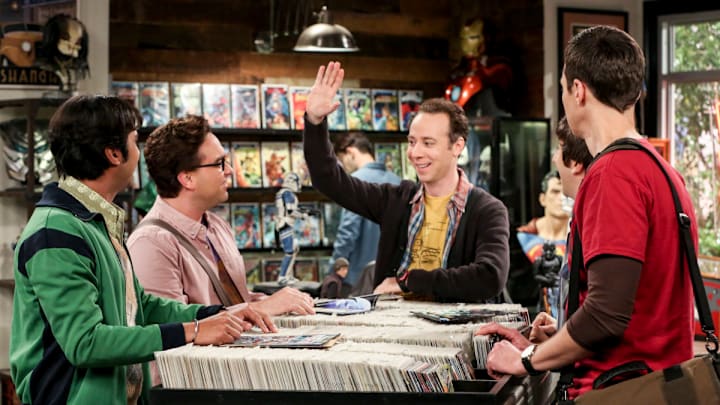 "The Bitcoin Entanglement" -- Pictured: Rajesh Koothrappali (Kunal Nayyar), Leonard Hofstadter (Johnny Galecki), Stuart (Kevin Sussman), Howard Wolowitz (Simon Helberg) and Sheldon Cooper (Jim Parsons). Sheldon tries to teach the guys a lesson after they cut him out of a potentially valuable Bitcoin investment. Also, a seven-year-old video reveals a secret about Leonard and Penny's relationship, on THE BIG BANG THEORY, Thursday, Nov. 30 (8:00-8:31 PM, ET/PT) on the CBS Television Network. Photo: