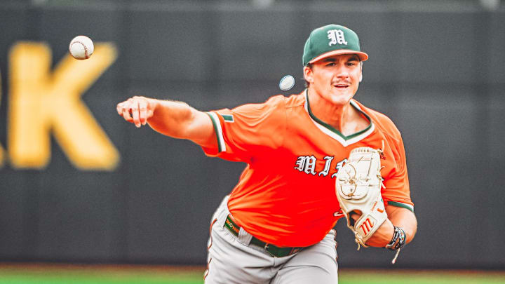 Miami Hurricanes freshman starter AJ Ciscar throwing against the Alabama Crimson Tide in the Hattiesburg Regional.
