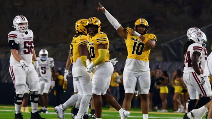 Sept 27, 2025; Columbia, Missouri, USA; Missouri Tigers defensive tackle Sterling Webb (10) celebrates after a quarterback hurry in a game against UMass at Faurot Field at Memorial Stadium.
