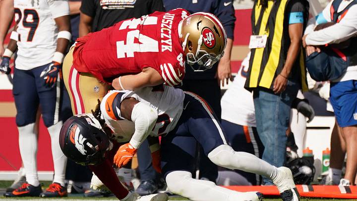 Oct 4, 2026; Santa Clara, California, USA; Denver Broncos cornerback Jahdae Barron (23) makes a tackle on San Francisco 49ers fullback Kyle Juszczyk (44) during the fourth quarter at Levi's Stadium. Mandatory Credit: David Gonzales-Imagn Images Oct 4, 2026; Santa Clara, California, USA; Denver Broncos cornerback Jahdae Barron (23) makes a tackle on San Francisco 49ers fullback Kyle Juszczyk (44) during the fourth quarter at Levi's Stadium. Mandatory Credit: David Gonzales-Imagn Images