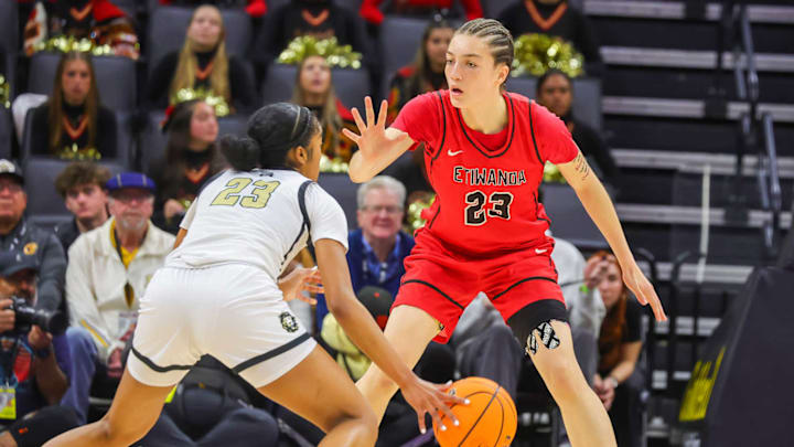 Etiwanda's Grace Knox (right) defends the Archbishop Mitty ball handler in the CIF State Open Division final. Knox is one of the more popular players in the early going at the McDonald's All-American festivities in Brooklyn, New York. 