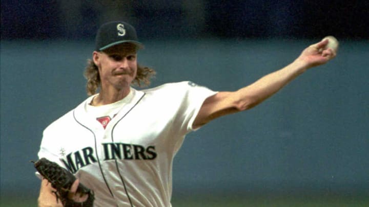 Seattles Mariners pitcher Randy Johnson hurls a pi