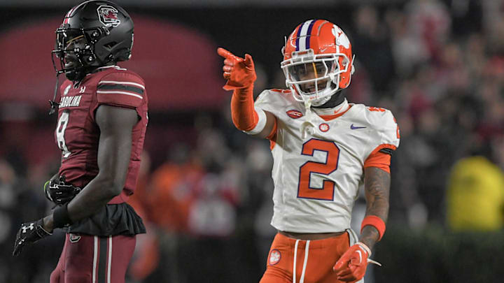 Nov 25, 2023; Columbia, South Carolina, USA; Clemson Tigers cornerback Nate Wiggins (2) smiles after Nov 25, 2023; Columbia, South Carolina, USA; Clemson Tigers cornerback Nate Wiggins (2) smiles after
