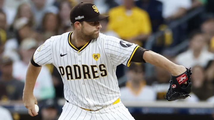 Oct 8, 2024; San Diego, California, USA; San Diego Padres pitcher Michael King (34) throws in the first inning against the Los Angeles Dodgers during game three of the NLDS for the 2024 MLB Playoffs at Petco Park. Mandatory Credit: David Frerker-Imagn Images