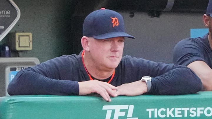 May 31, 2025; Kansas City, Missouri, USA; Detroit Tigers manager A.J. Hinch (14) watches play against the Kansas City Royals in the ninth inning at Kauffman Stadium. Mandatory Credit: Denny Medley-Imagn Images