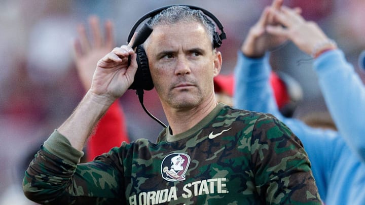 Florida State Seminoles head coach Mike Norvell watches as his players take the field. The Florida State Seminoles lost to the North Carolina State Wolfpack 14-28 Saturday, Nov. 6, 2021.

Fsu V Nc State1072