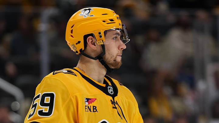 Apr 5, 2026; Pittsburgh, Pennsylvania, USA; Pittsburgh Penguins right wing Egor Chinakhov (59) looks on against the Florida Panthers during the third period at PPG Paints Arena. Mandatory Credit: Mark Alberti-Imagn Images