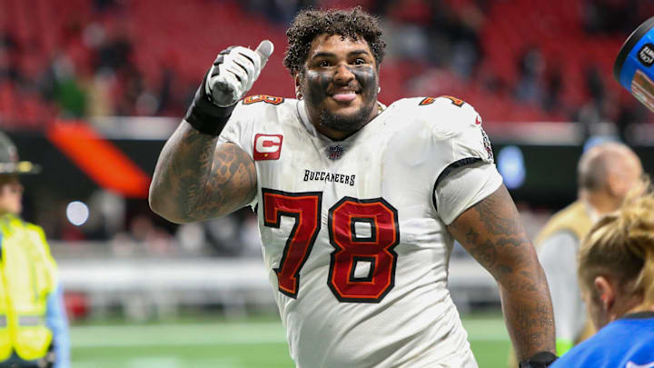 Dec 10, 2023; Atlanta, Georgia, USA; Tampa Bay Buccaneers offensive tackle Tristan Wirfs (78) celebrates after a victory against the Atlanta Falcons at Mercedes-Benz Stadium. Mandatory Credit: Brett Davis-Imagn Images