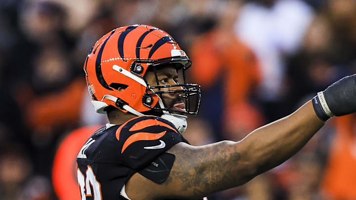 Dec 28, 2024; Cincinnati, Ohio, USA; Cincinnati Bengals defensive tackle B.J. Hill (92) reacts after a play against the Denver Broncos in the first half at Paycor Stadium. Mandatory Credit: Katie Stratman-Imagn Images