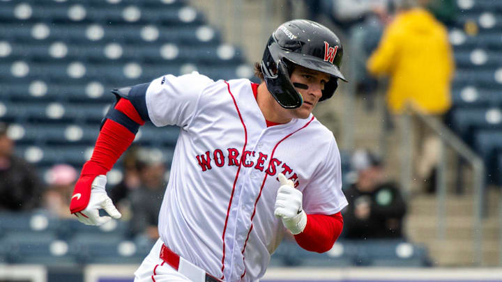Worcester left fielder Roman Anthony runs on a fly ball against the Durham Bulls May 23.