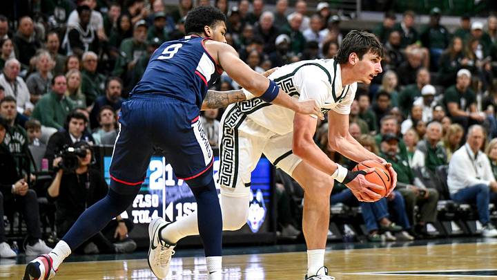 Michigan State’s Anton Bonke, right, looks to pass as UConn’s Na’jai Hines defends during the first half on Tuesday, Oct. 20, 2026, at the Breslin Center in East Lansing. Michigan State’s Anton Bonke, right, looks to pass as UConn’s Na’jai Hines defends during the first half on Tuesday, Oct. 20, 2026, at the Breslin Center in East Lansing.