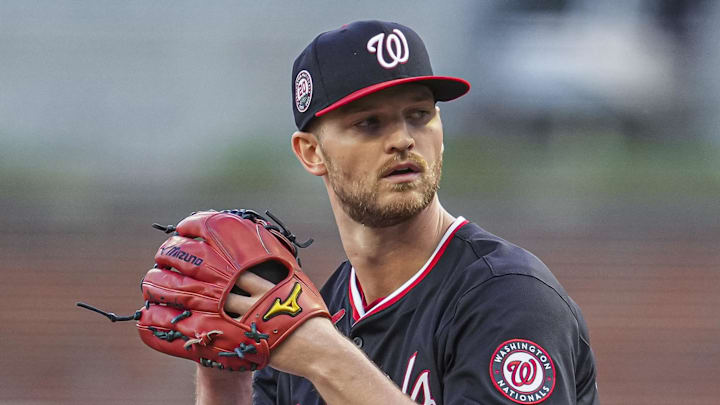 May 13, 2025; Cumberland, Georgia, USA; Washington Nationals starting pitcher Michael Soroka (34) pitches against the Atlanta Braves during the first inning at Truist Park. Mandatory Credit: Dale Zanine-Imagn Images