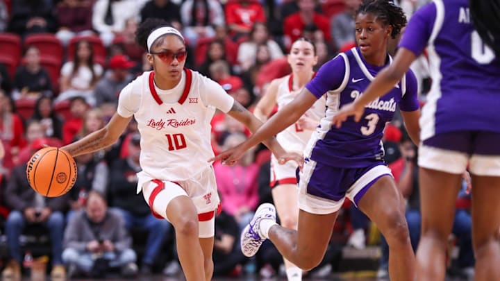 Texas Tech's Sidney Love handles the ball against Kansas State during a Big 12 Conference women's basketball game, Saturday, Jan. 17, 2026, in United Supermarkets Arena.