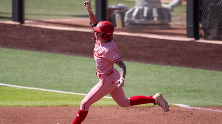 Texas Tech's Kaitlyn Terry rounds the bases after hitting a home run against Iowa State during a Big 12 Conference softball game, Sunday, March 29, 2026, at Tracy Sellers Field.