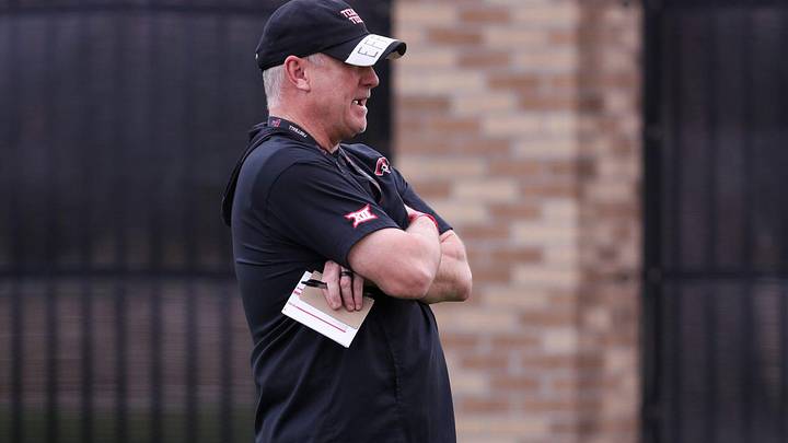 Texas Tech head coach Joey McGuire looks on during spring football practice, Tuesday, March 31, 2026, at the Womble Football Center.