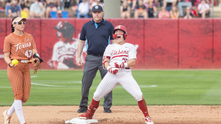 Alabama utility player Alexis Pupillo celebrates on second in the third game of the series against Texas on Apr. 4, 2026. Alabama utility player Alexis Pupillo celebrates on second in the third game of the series against Texas on Apr. 4, 2026.