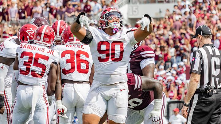 Alabama defensive lineman London Simmons celebrates a play in the first half of the game against Mississippi State on Oct 3, 2026. Alabama defensive lineman London Simmons celebrates a play in the first half of the game against Mississippi State on Oct 3, 2026.
