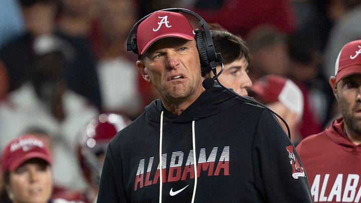 Oct 10, 2026; Tuscaloosa, Alabama, USA;  Alabama head coach Kalen DeBoer has a sour face after a call against the Tide during the game with Georgia at Saban Field at Bryant-Denny Stadium. Mandatory Credit: Gary Cosby Jr.-Imagn Images