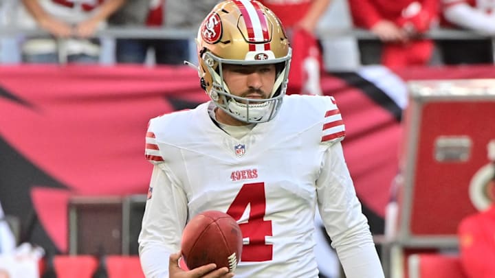 Former San Francisco 49ers place kicker Jake Moody (4) looks on before the game against the Arizona Cardinals at State Farm Stadium.