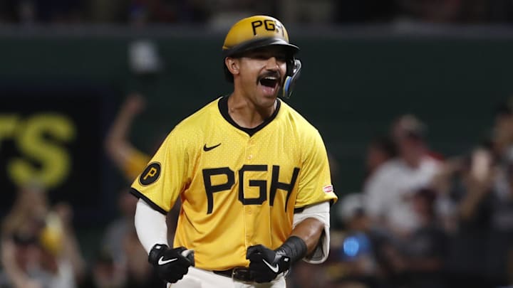 Jul 19, 2024; Pittsburgh, Pennsylvania, USA;  Pittsburgh Pirates second baseman Nick Gonzales (39) reacts after hitting a game winning walk off single to defeat the Philadelphia Phillies during the ninth inning at PNC Park. Pittsburgh won 8-7.Mandatory Credit: Charles LeClaire-Imagn Images