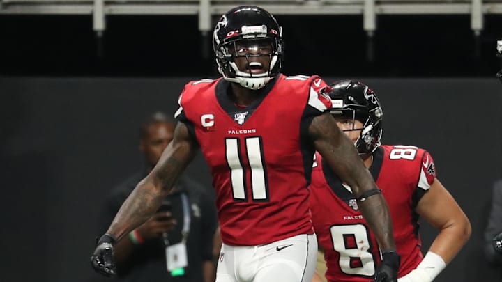 Sep 15, 2019; Atlanta, GA, USA; Atlanta Falcons wide receiver Julio Jones (11) reacts after scoring the game-winning touchdown in the fourth quarter against the Philadelphia Eagles at Mercedes-Benz Stadium. Mandatory Credit: Jason Getz-Imagn Images Sep 15, 2019; Atlanta, GA, USA; Atlanta Falcons wide receiver Julio Jones (11) reacts after scoring the game-winning touchdown in the fourth quarter against the Philadelphia Eagles at Mercedes-Benz Stadium. Mandatory Credit: Jason Getz-Imagn Images