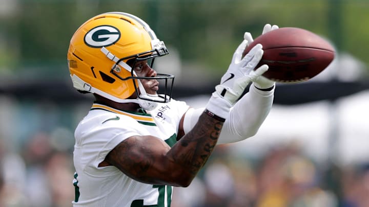 Green Bay Packers running back MarShawn Lloyd (32) participates in drills during the third day of training camp on July 25, 2025, at Ray Nitschke Field in Ashwaubenon, Wis.