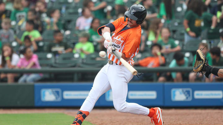 Hooks batter Jacob Melton fouls off a ball during Education Day at Whataburger Field, Wednesday, May 8, 2024, in Corpus Christi, Texas.